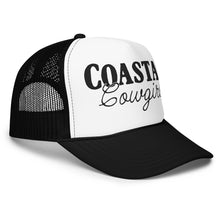 Load image into Gallery viewer, black and white trucker hat with coastal cowgirl text