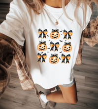 Load image into Gallery viewer, Coquette Halloween Bows and Pumpkin Comfort Color Shirt