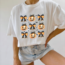 Load image into Gallery viewer, Coquette Halloween Bows and Pumpkin Comfort Color Shirt