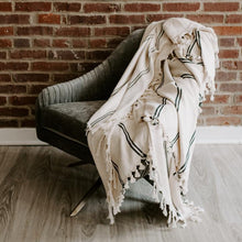 Load image into Gallery viewer, white turkish cotton blanket with black stripes