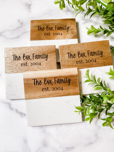 personalized wood and marble coasters