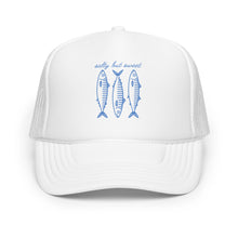 Load image into Gallery viewer, white coastal trucker hat with blue fish graphic salty but sweet

