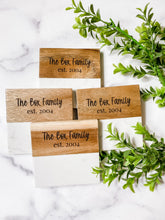 Load image into Gallery viewer, family name wood and marble coasters

