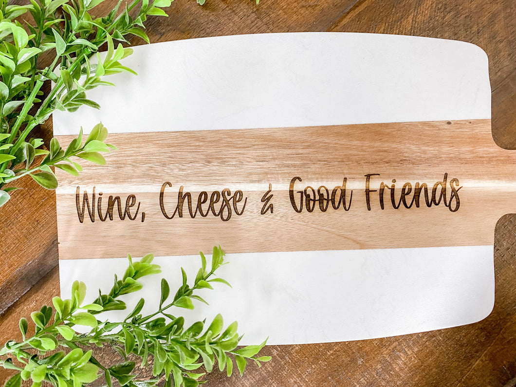 wine cheese and good friends marble and wood board